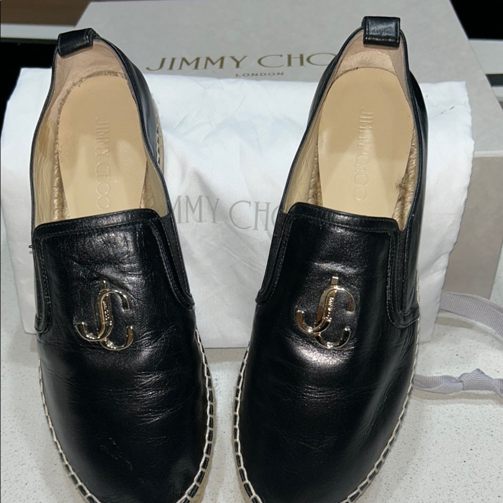 Jimmy Choo Black Leather  Espadrille Shoes